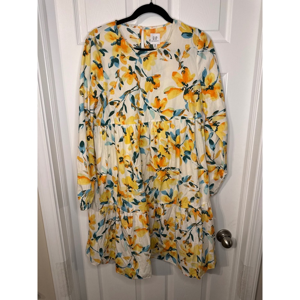 Gap Maternity Dress Medium Yellow Orange Floral Long Sleeve Tiered Babydoll Mini